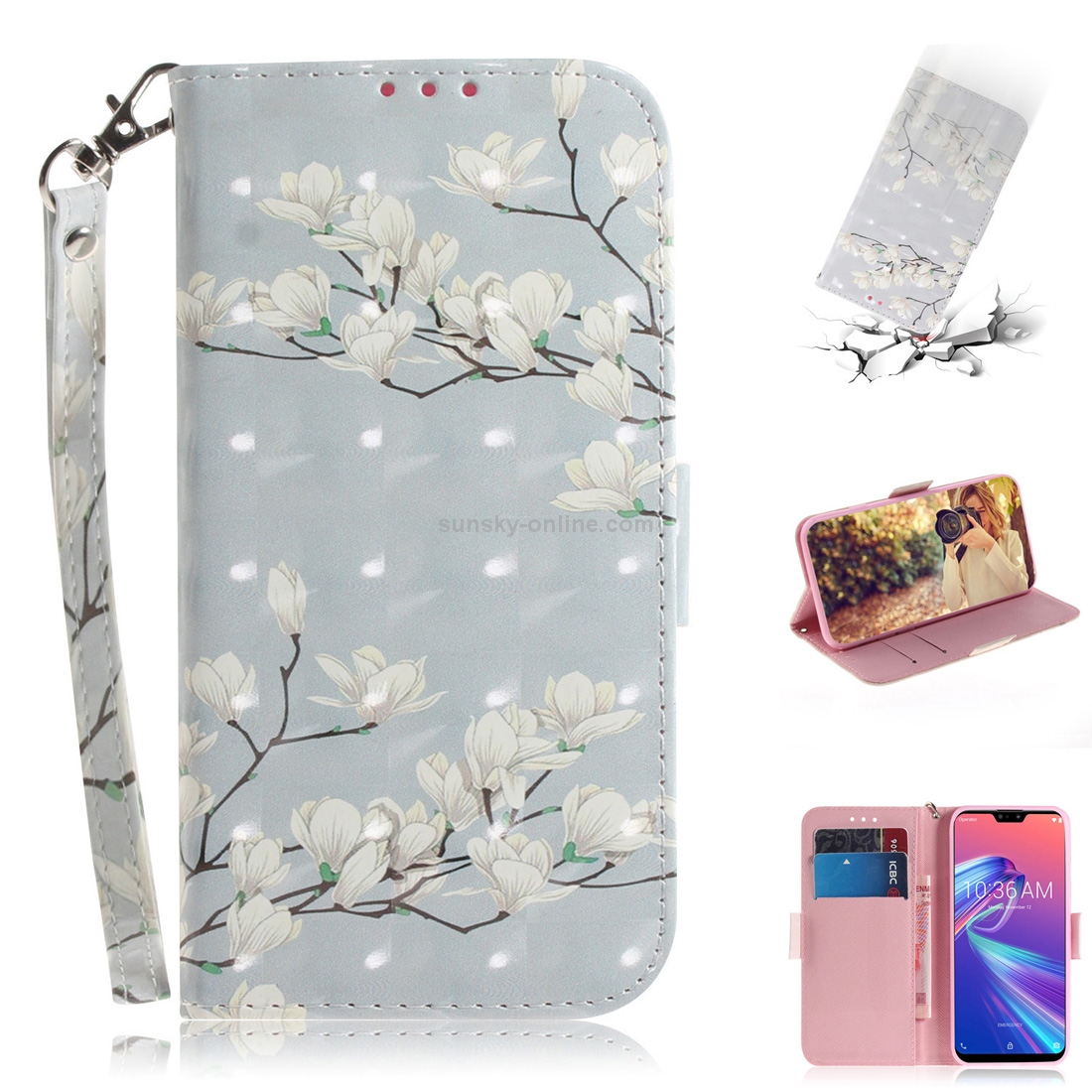 3D Colored Drawing Magnolia Pattern Horizontal Flip Leather Case for Asus Zenfone Max Pro (M2) ZB631KL, with Holder & Card Slots & Wallet