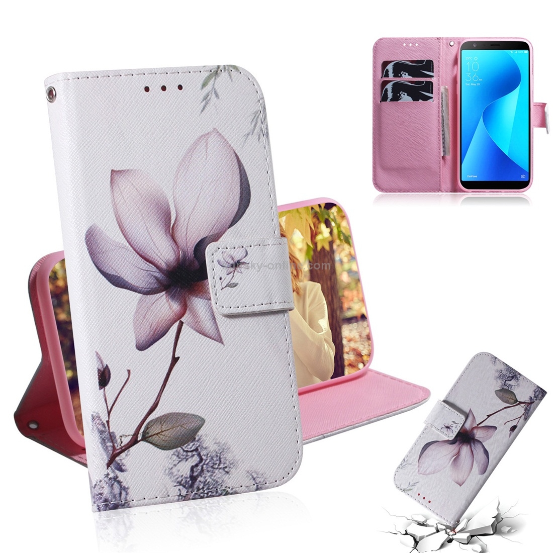 Magnolia Flower Pattern Coloured Drawing Horizontal Flip Leather Case for Asus Zenfone Max Plus (M1) ZB570TL, with Holder & Card Slots & Wallet