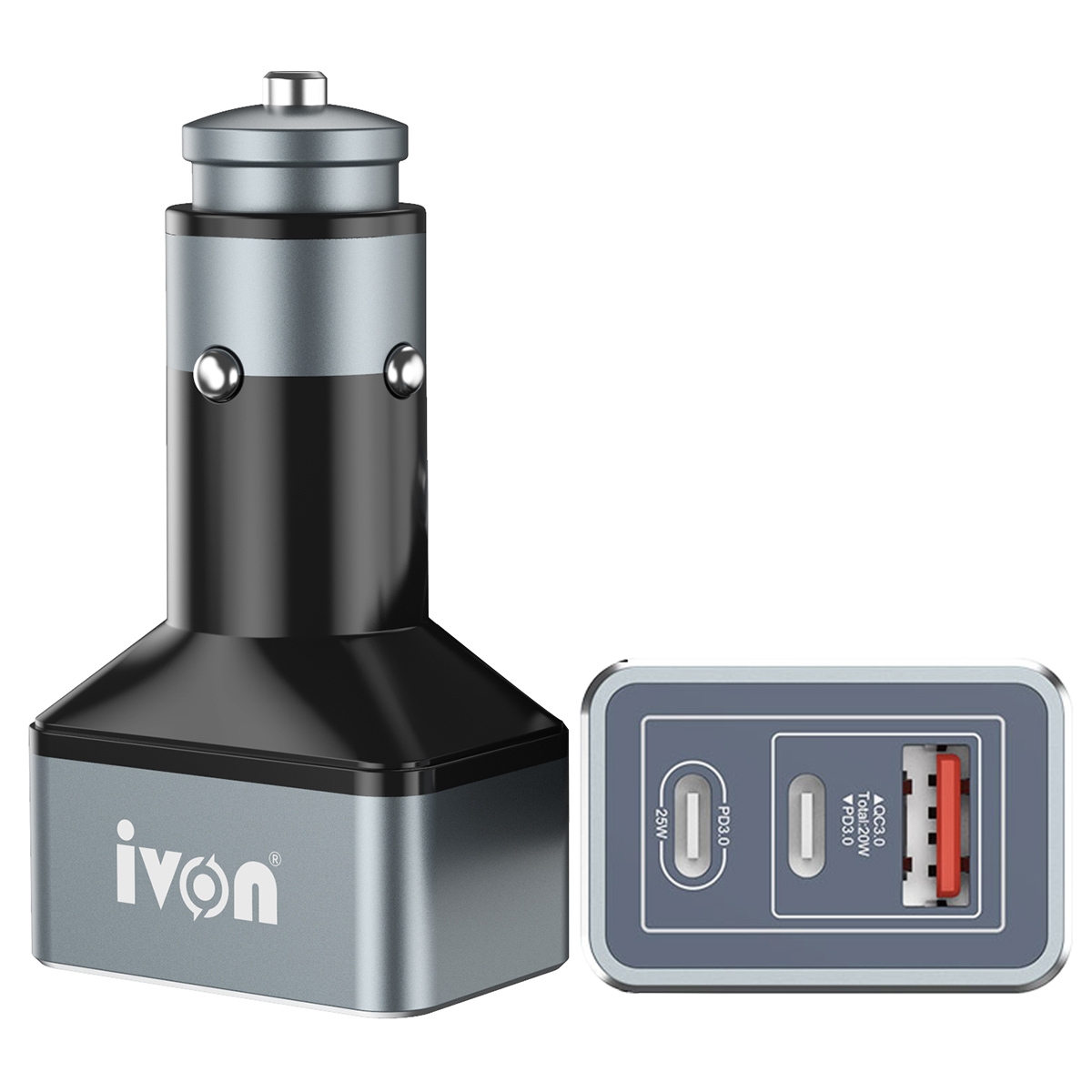 IVON CC43 45W PD 3.0 Dual USB-C / Type-C + QC 3.0 USB Port Square Car Charger IVON CC43 45W PD 3.0 Dual USB-C / Type-C + QC 3.0 USB Port Square Car Charger