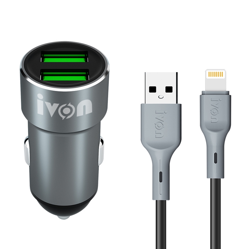 IVON CC38 2.4A Dual USB Car Charger + 1m USB to 8 Pin Fast Charge Data Cable Set IVON CC38 2.4A Dual USB Car Charger + 1m USB to 8 Pin Fast Charge Data Cable Set