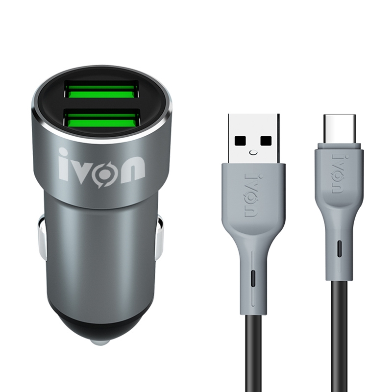 IVON CC38 2.4A Dual USB Car Charger + 1m USB to USB-C / Type-C Fast Charge Data Cable Set IVON CC38 2.4A Dual USB Car Charger + 1m USB to USB-C / Type-C Fast Charge Data Cable Set