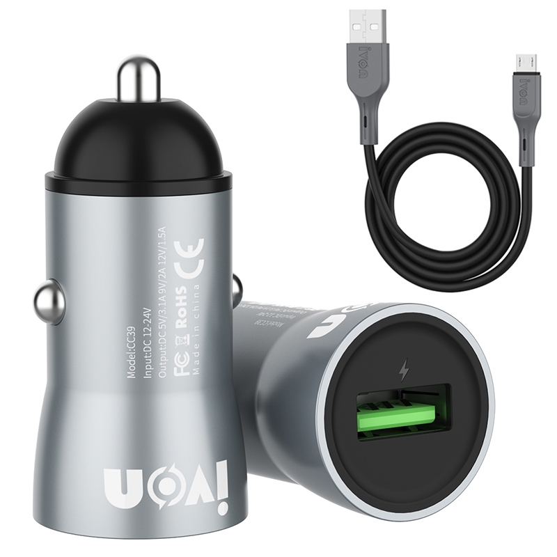 IVON CC39 18W 3.1A QC 3.0 USB Car Charger + 1m USB to Micro USB Fast Charge Data Cable Set IVON CC39 18W 3.1A QC 3.0 USB Car Charger + 1m USB to Micro USB Fast Charge Data Cable Set
