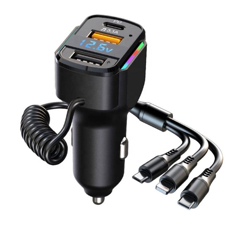 K4 Car 3 in 1 PD + USB Dual Port Fast Charger with Spring Data Cable K4 Car 3 in 1 PD + USB Dual Port Fast Charger with Spring Data Cable