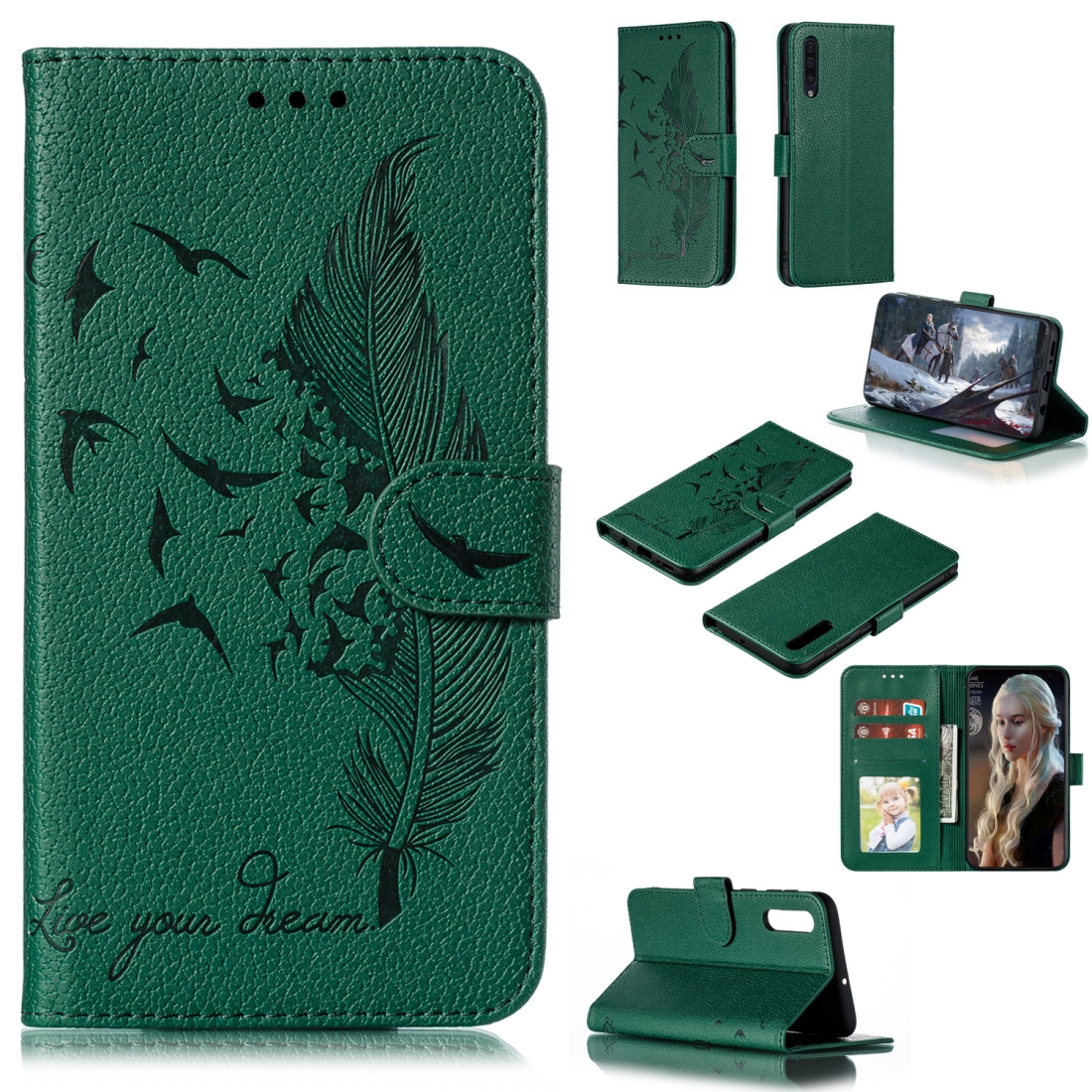 Feather Pattern Litchi Texture Horizontal Flip Leather Case with Wallet & Holder & Card Slots For Galaxy A50(Green) Feather Pattern Litchi Texture Horizontal Flip Leather Case with Wallet & Holder & Card Slots For Galaxy A50(Green)