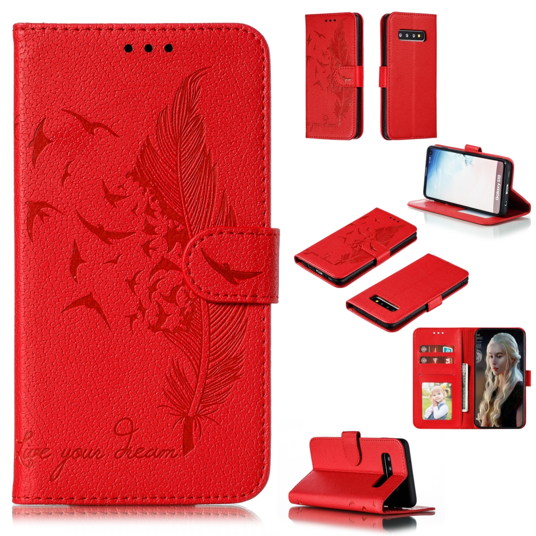 Feather Pattern Litchi Texture Horizontal Flip Leather Case with Wallet & Holder & Card Slots For Galaxy S10(Red) Feather Pattern Litchi Texture Horizontal Flip Leather Case with Wallet & Holder & Card Slots For Galaxy S10(Red)