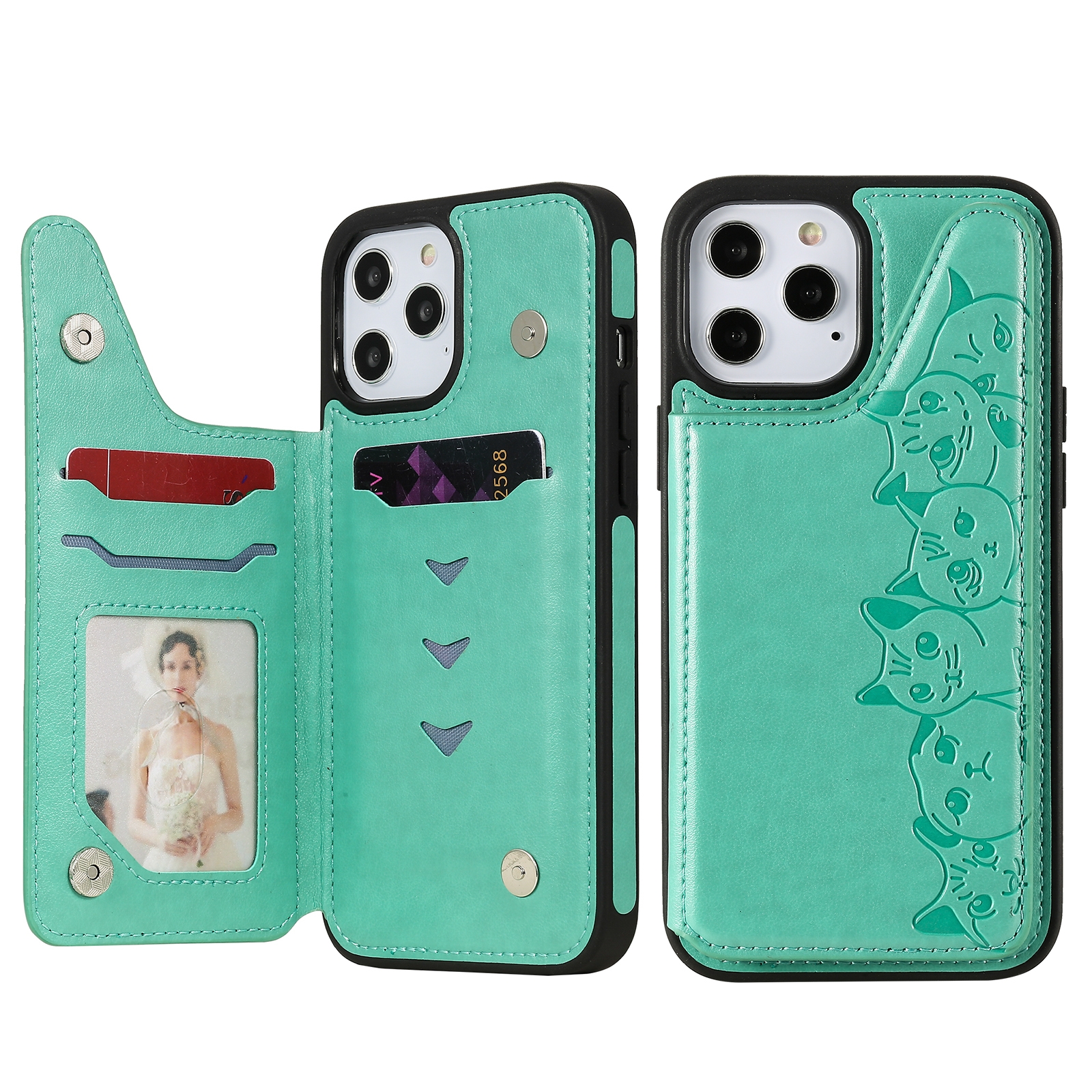 For iPhone 12 Pro Max Six Cats Embossing Pattern Protective Case with Holder & Card Slots & Photo Frame(Green) For iPhone 12 Pro Max Six Cats Embossing Pattern Protective Case with Holder & Card Slots & Photo Frame(Green)