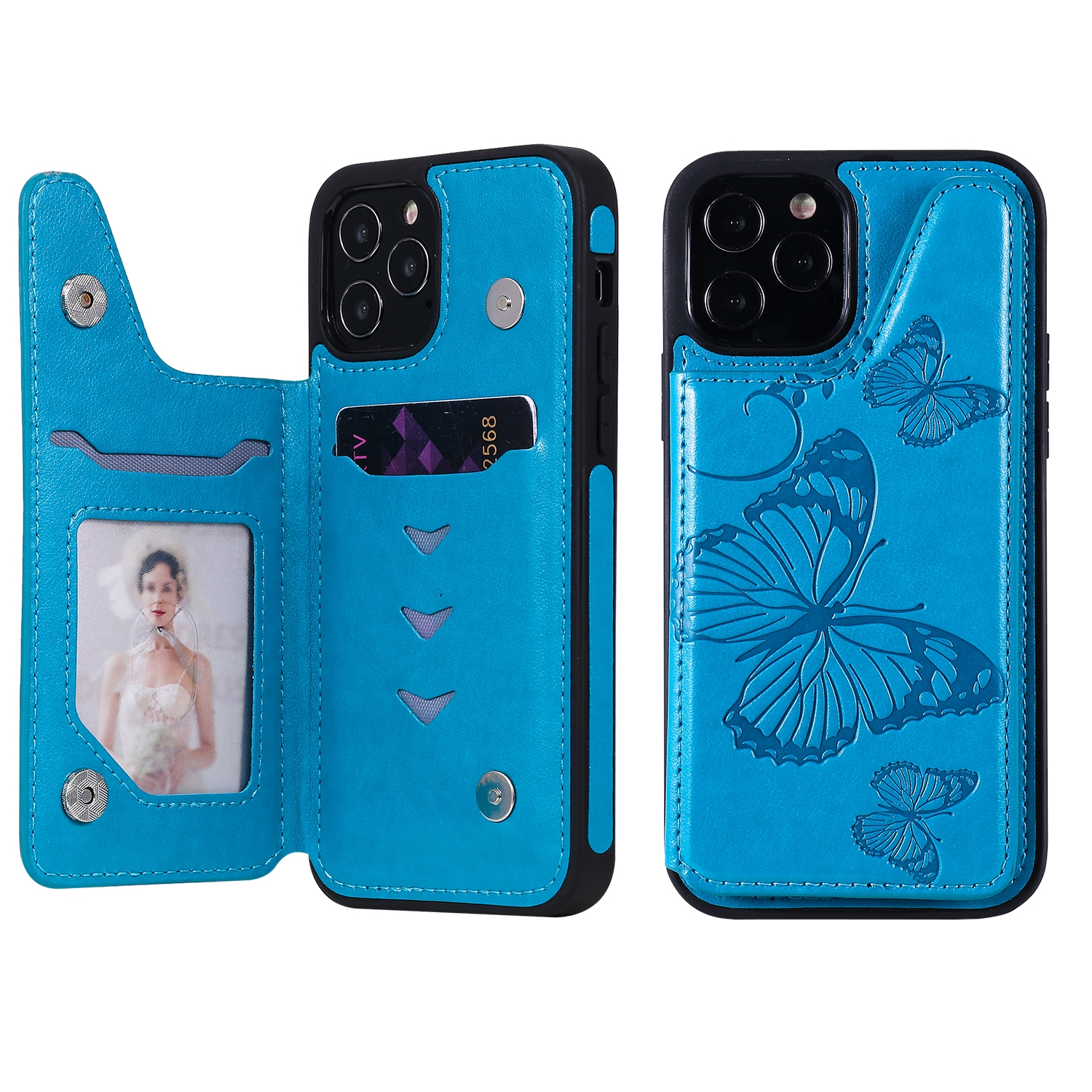 For iPhone 12 / 12 Pro Butterfly Embossing Pattern Shockproof Protective Case with Holder & Card Slots & Photo Frame(Blue) For iPhone 12 / 12 Pro Butterfly Embossing Pattern Shockproof Protective Case with Holder & Card Slots & Photo Frame(Blue)