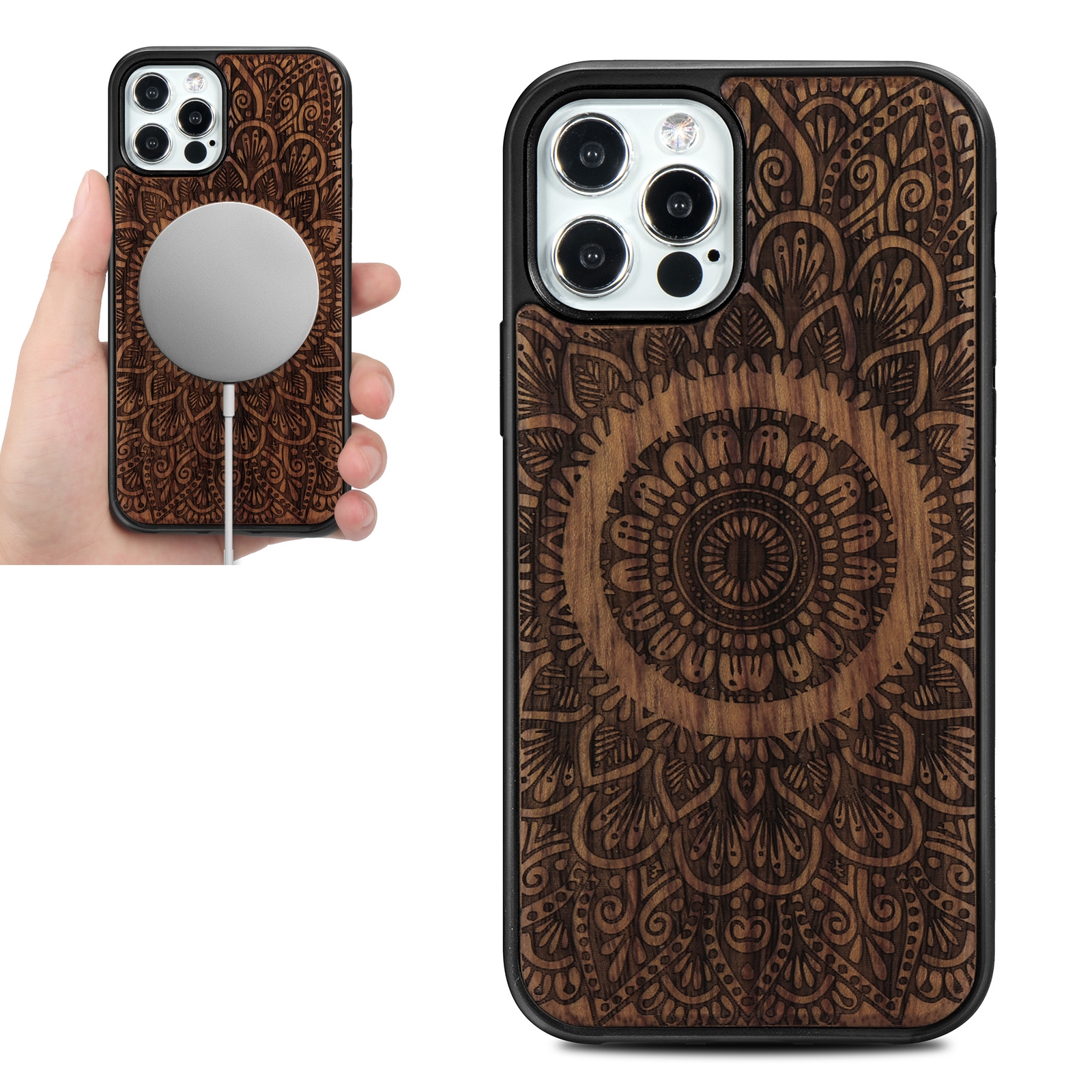 For iPhone 12 Pro Max Wood Veneer Mandala Embossed Magsafe Case Magnetic TPU Shockproof Case(Rosewood) For iPhone 12 Pro Max Wood Veneer Mandala Embossed Magsafe Case Magnetic TPU Shockproof Case(Rosewood)