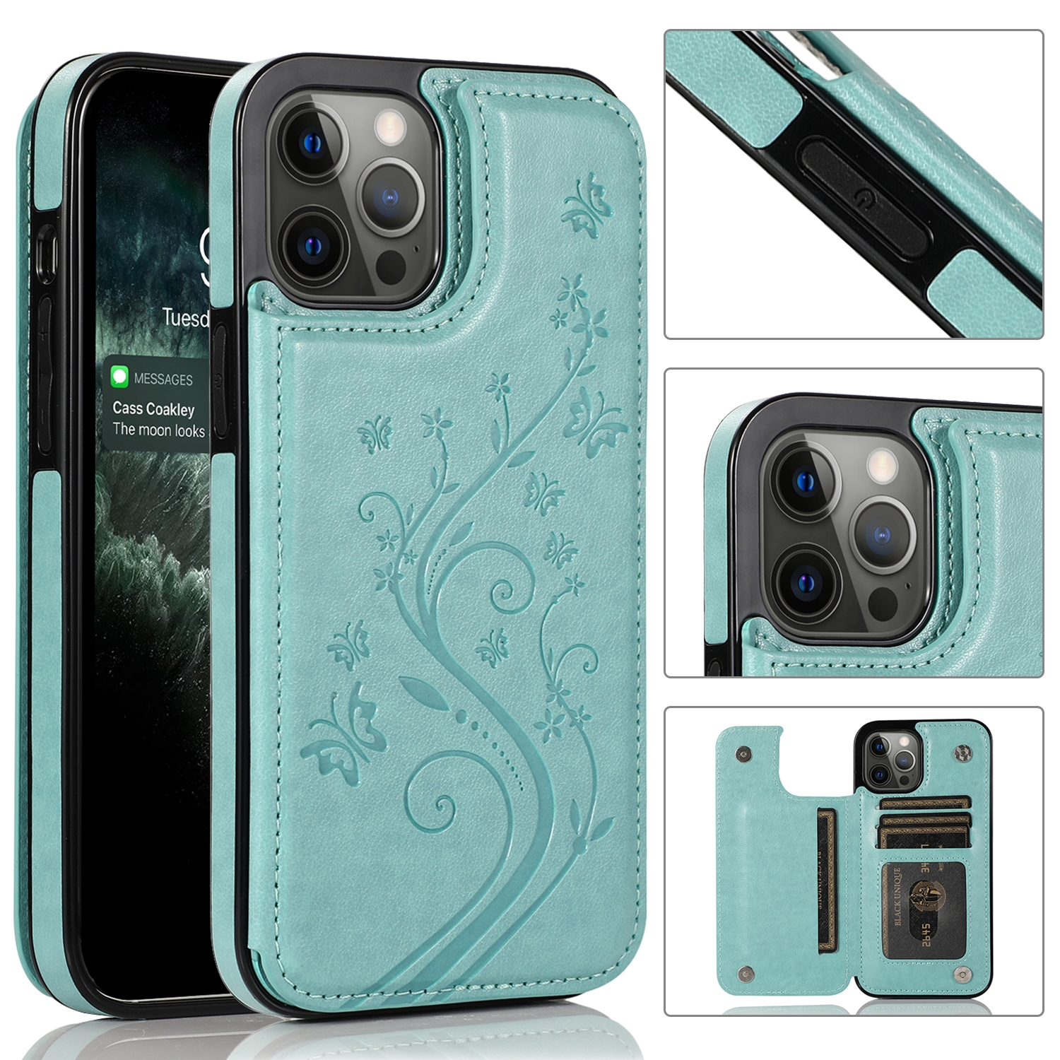 For iPhone 12 / 12 Pro Butterflies Flowers Double Buckle PU + TPU Protective Case with Holder & Card Slots & Photo Frame(Green) For iPhone 12 / 12 Pro Butterflies Flowers Double Buckle PU + TPU Protective Case with Holder & Card Slots & Photo Frame(Green)