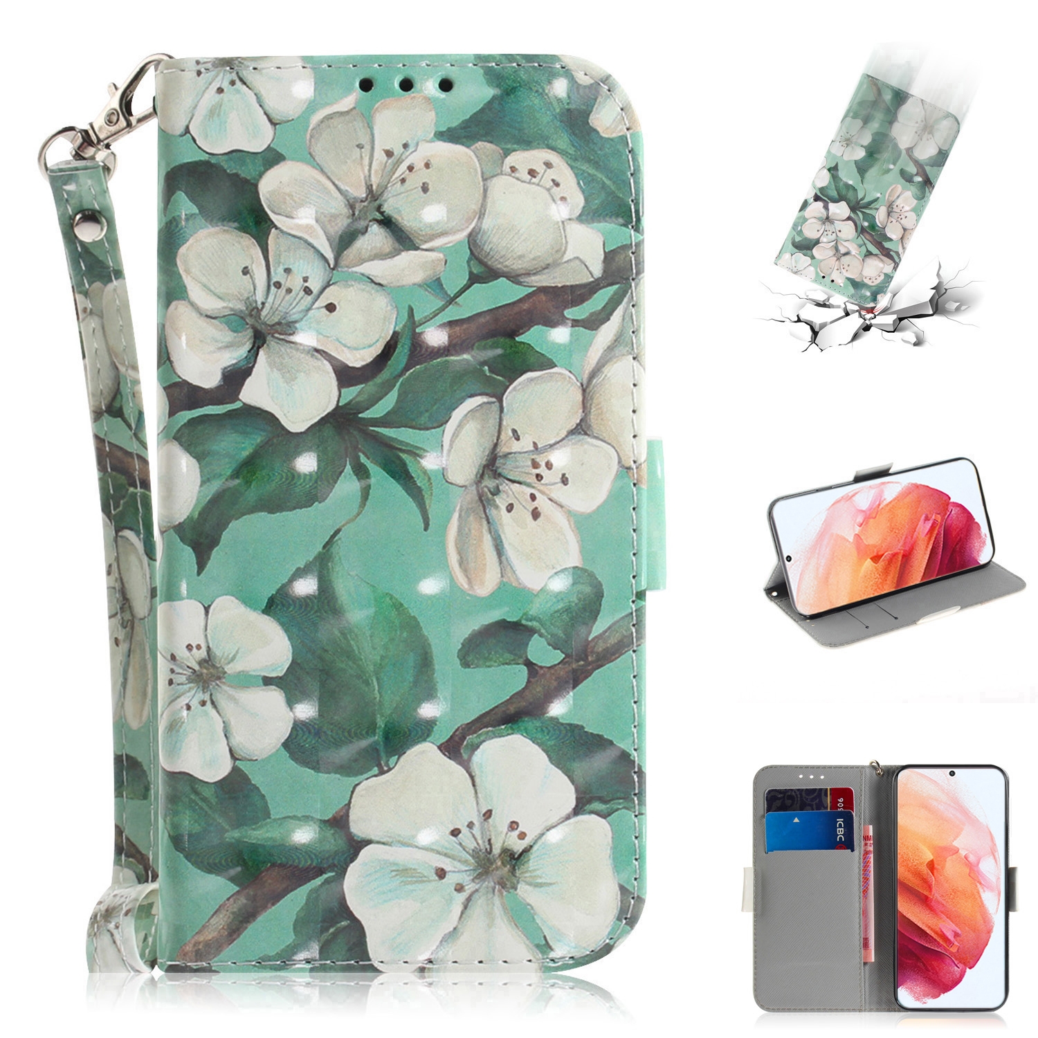 For Samsung Galaxy S21 5G 3D Colored Drawing Horizontal Flip Leather Case with Holder & Card Slots & Wallet & Lanyard(Watercolor Flower)