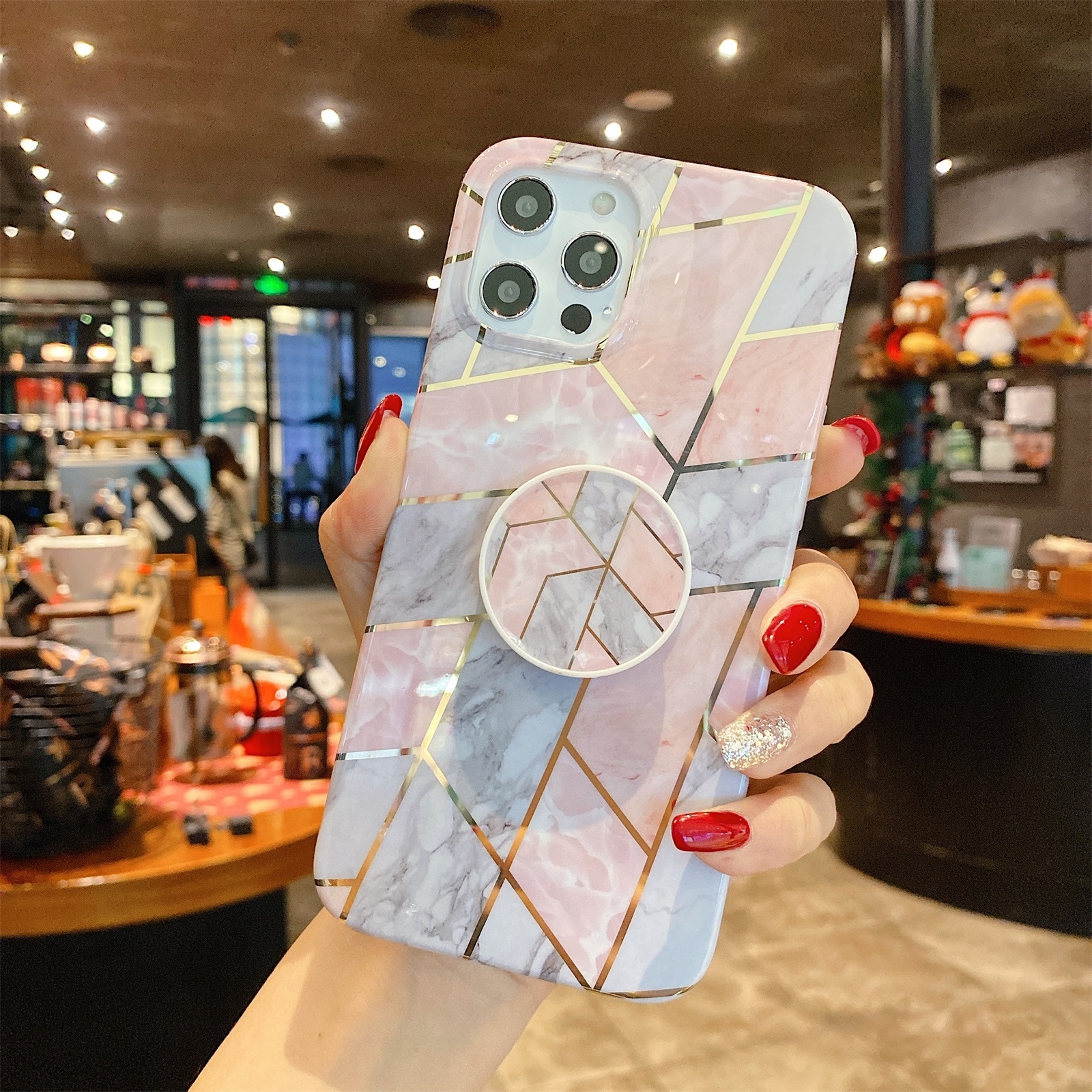 For iPhone 12 Pro Max Splicing Marble Pattern Gilding TPU Protective Case with Foldable Holder(Pink Grey) For iPhone 12 Pro Max Splicing Marble Pattern Gilding TPU Protective Case with Foldable Holder(Pink Grey)