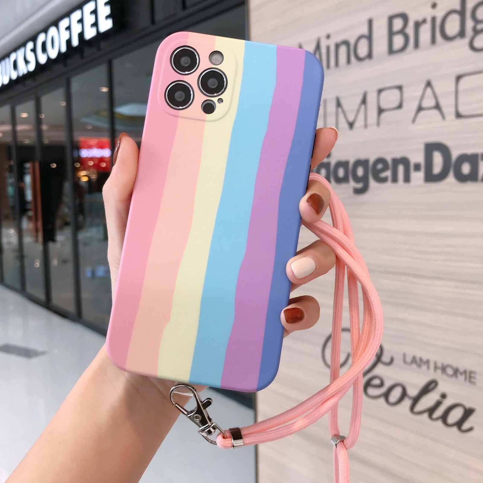 Rainbow IMD Shockproof TPU Protective Case with Lanyard For iPhone 11 Pro Max(Pink Rainbow+Pink Lanyard)