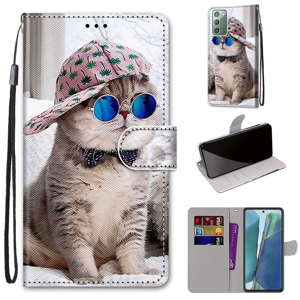 For Samsung Galaxy Note20 Coloured Drawing Cross Texture Horizontal Flip PU Leather Case with Holder & Card Slots & Wallet & Lanyard(Oblique Hat Blue Mirror Cat) For Samsung Galaxy Note20 Coloured Drawing Cross Texture Horizontal Flip PU Leather Case with Holder & Card Slots & Wallet & Lanyard(Oblique Hat Blue Mirror Cat)