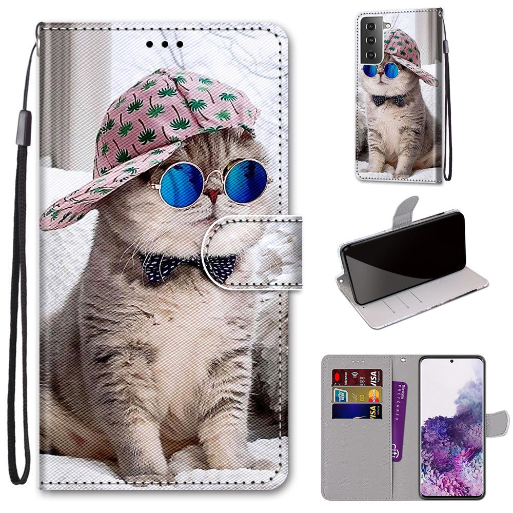 For Samsung Galaxy S21+ 5G Coloured Drawing Cross Texture Horizontal Flip PU Leather Case with Holder & Card Slots & Wallet & Lanyard(Oblique Hat Blue Mirror Cat) For Samsung Galaxy S21+ 5G Coloured Drawing Cross Texture Horizontal Flip PU Leather Case with Holder & Card Slots & Wallet & Lanyard(Oblique Hat Blue Mirror Cat)