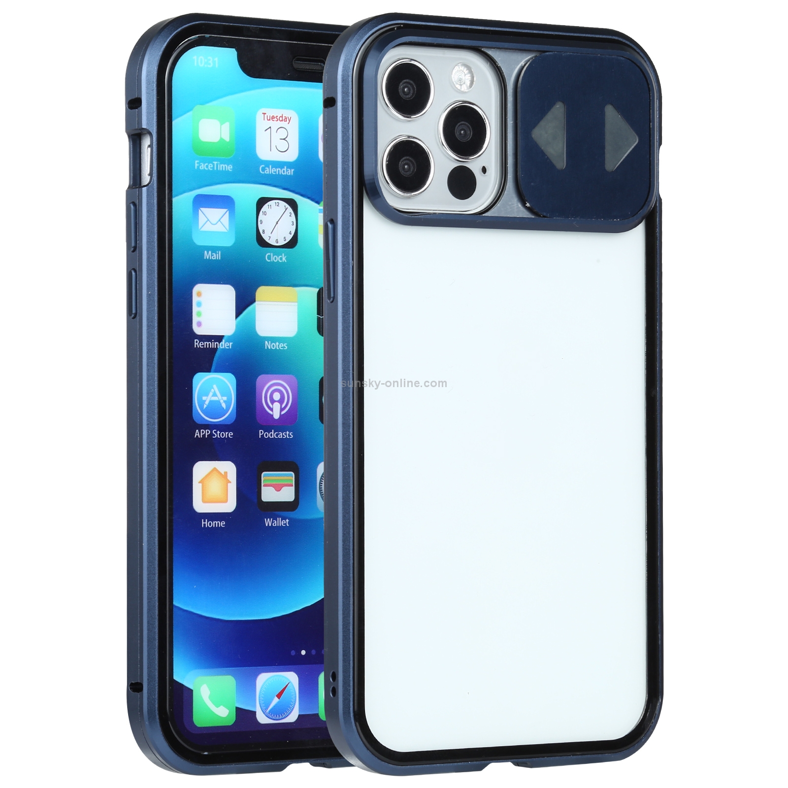 For iPhone 12 Pro Max Sliding Lens Cover Mirror Design Four-corner Shockproof Magnetic Metal Frame Double-sided Tempered Glass Case(Blue) For iPhone 12 Pro Max Sliding Lens Cover Mirror Design Four-corner Shockproof Magnetic Metal Frame Double-sided Tempered Glass Case(Blue)