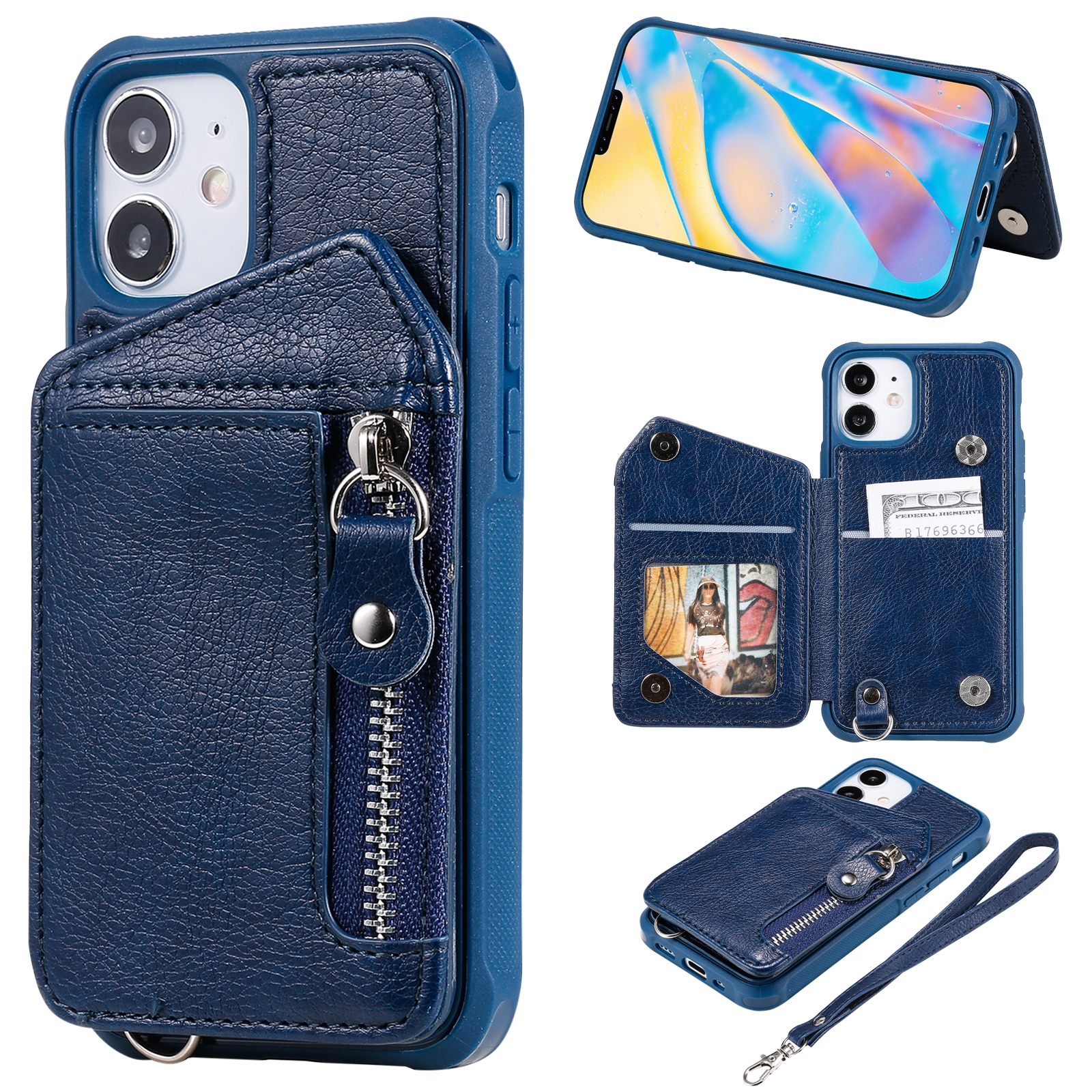 For iPhone 12 mini Zipper Double Buckle Shockproof Protective Case with Stand & Photo Holder & Wallet Function (Blue) For iPhone 12 mini Zipper Double Buckle Shockproof Protective Case with Stand & Photo Holder & Wallet Function (Blue)