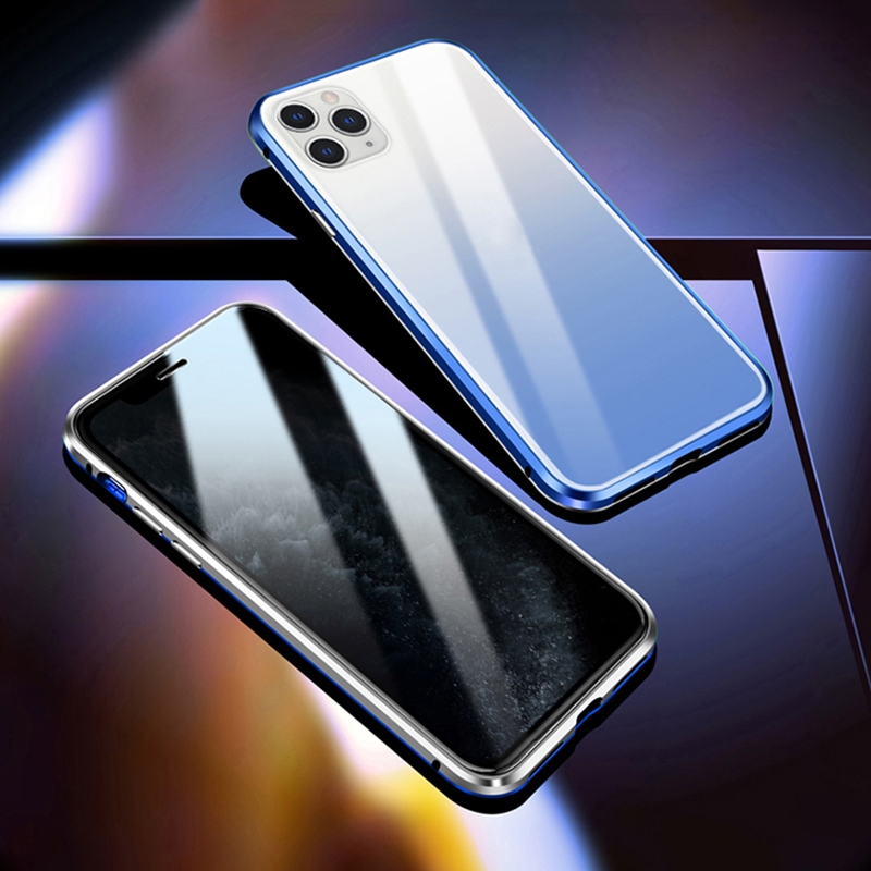 R-JUST Four-corner Shockproof Anti-peeping Magnetic Gradient Metal Frame Double-sided Tempered Glass Case For iPhone 11 Pro Max(Silver Blue)