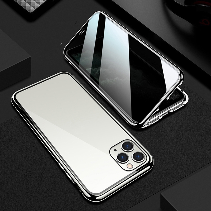 R-JUST Four-corner Shockproof Anti-peeping Magnetic Metal Frame Double-sided Tempered Glass Case For iPhone 11 Pro Max(Silver)