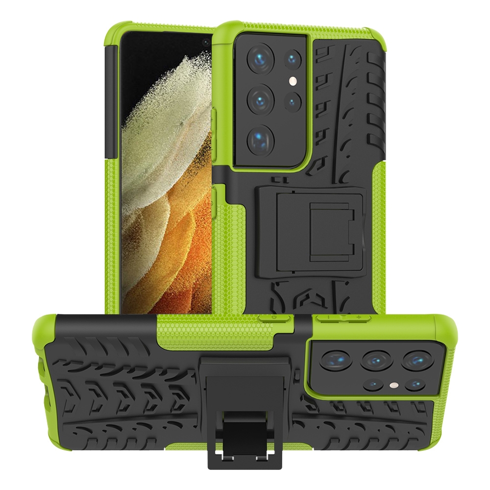 For Samsung Galaxy S21 Ultra 5G Tire Texture Shockproof TPU+PC Protective Case with Holder(Green) For Samsung Galaxy S21 Ultra 5G Tire Texture Shockproof TPU+PC Protective Case with Holder(Green)