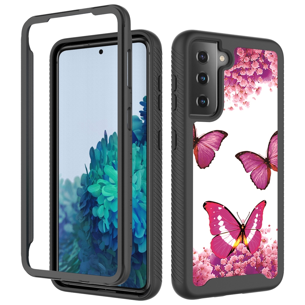 For Samsung Galaxy S21 5G 3 in 1 Card PC + TPU Shockproof Protective Case(Rose Red Butterfly)
