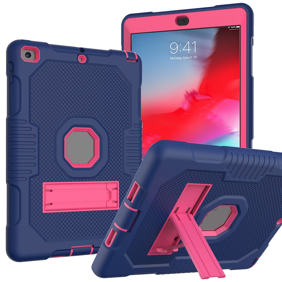 Contrast Color Robot Shockproof Silicone + PC Protective Case with Holder For iPad 9.7 (2017/2018)(Navy Blue Rose) Contrast Color Robot Shockproof Silicone + PC Protective Case with Holder For iPad 9.7 (2017/2018)(Navy Blue Rose)