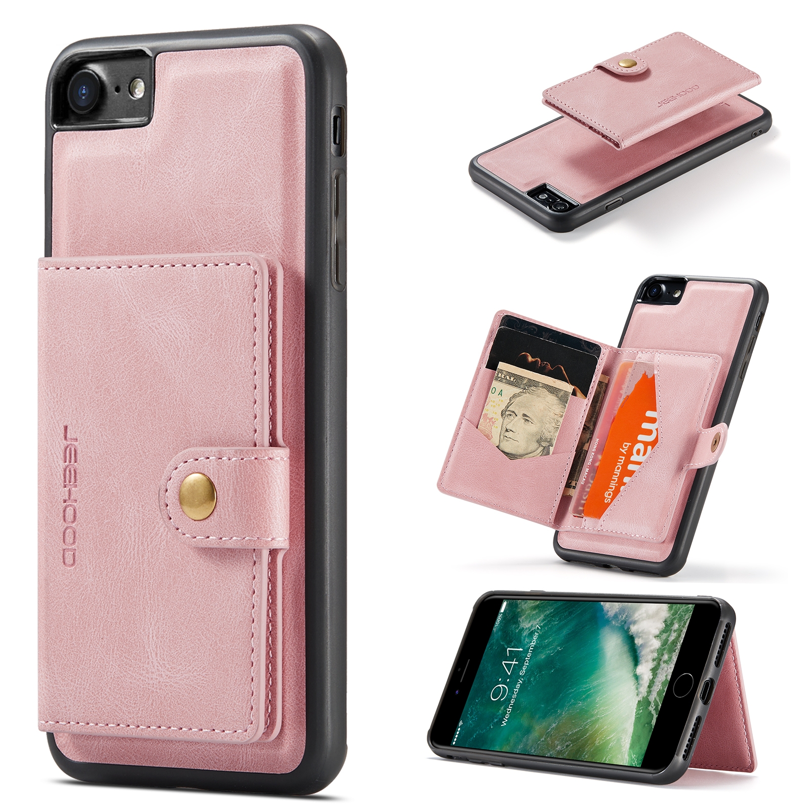 For iPhone SE 2022 / SE 2020 / 8 / 7 JEEHOOD Retro Magnetic Detachable Protective Case with Wallet & Card Slot & Holder(Pink) For iPhone SE 2022 / SE 2020 / 8 / 7 JEEHOOD Retro Magnetic Detachable Protective Case with Wallet & Card Slot & Holder(Pink)