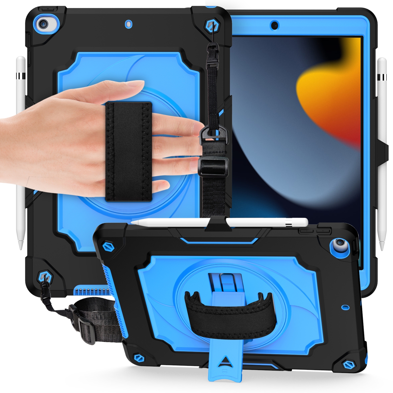 360 Degree Rotation Turntable Contrast Color Robot Shockproof Silicone + PC Protective Case with Holder For iPad 10.2 / 10.2 (2020) / Pro 10.5(Black + Blue) 360 Degree Rotation Turntable Contrast Color Robot Shockproof Silicone + PC Protective Case with Holder For iPad 10.2 / 10.2 (2020) / Pro 10.5(Black + Blue)