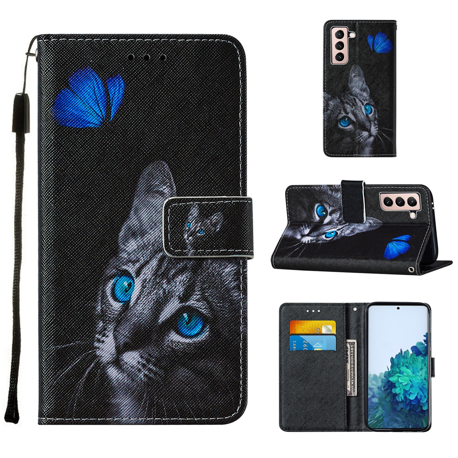 For Samsung Galaxy S21+ 5G Cross Texture Painting Pattern Horizontal Flip Leather Case with Holder & Card Slots & Wallet & Lanyard(Blue Butterfly Cat Eyes) For Samsung Galaxy S21+ 5G Cross Texture Painting Pattern Horizontal Flip Leather Case with Holder & Card Slots & Wallet & Lanyard(Blue Butterfly Cat Eyes)