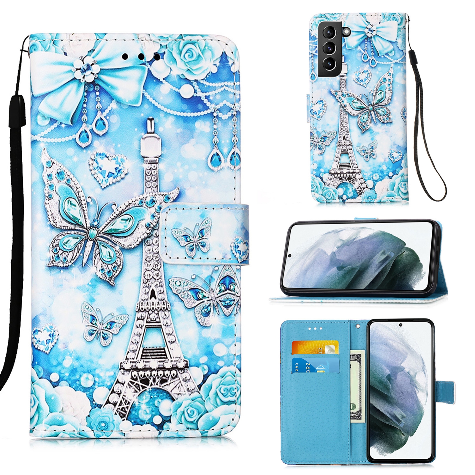 For Samsung Galaxy S21+ 5G Colored Drawing Pattern Plain Weave Horizontal Flip Leather Case with Holder & Card Slot & Wallet & Lanyard(Tower Butterfly)