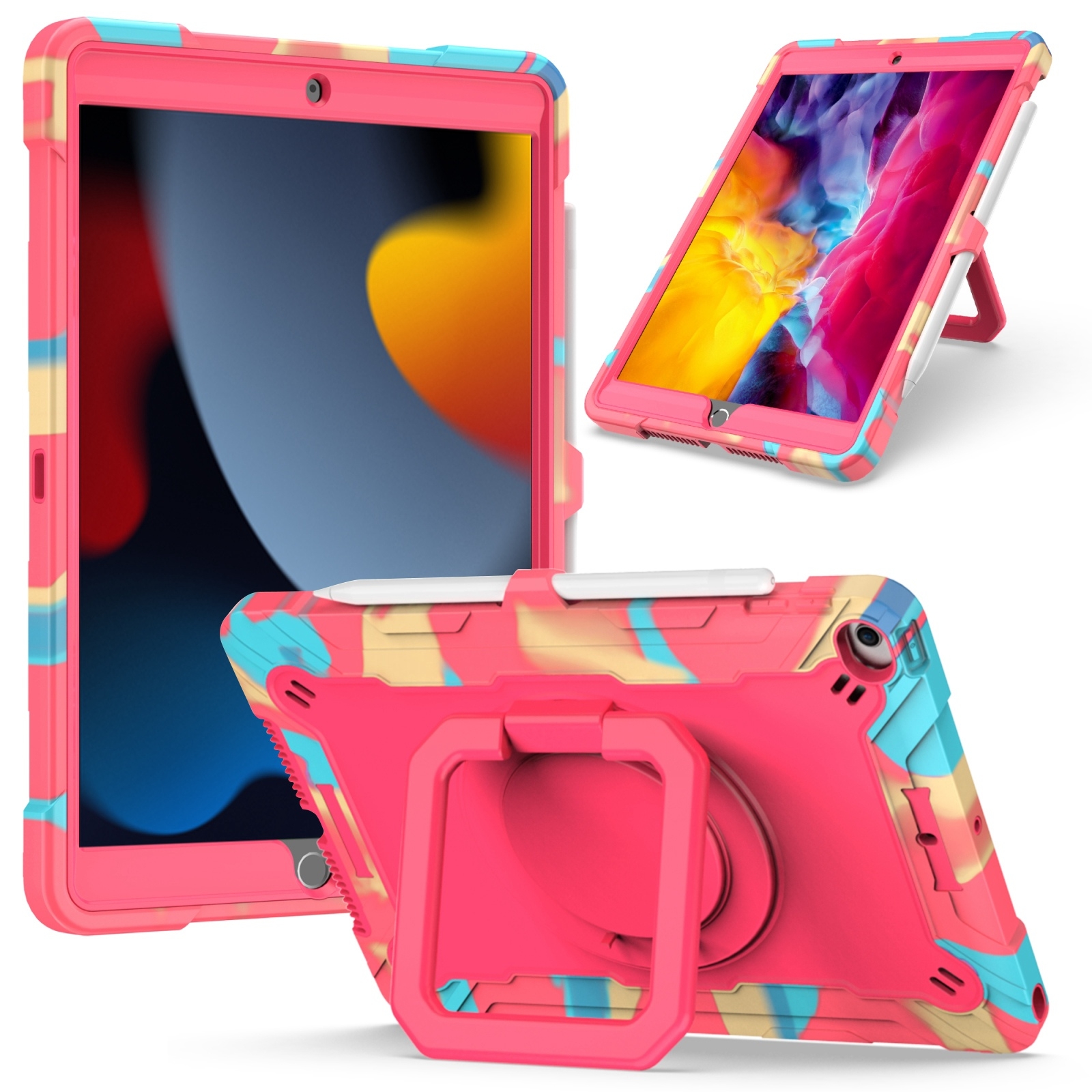 For iPad 10.2 2021 / 2020 / 2019 Contrast Color Shockproof Robot Silicone + PC Case with Wristband Holder(Camouflage + Rose Red) For iPad 10.2 2021 / 2020 / 2019 Contrast Color Shockproof Robot Silicone + PC Case with Wristband Holder(Camouflage + Rose Red)