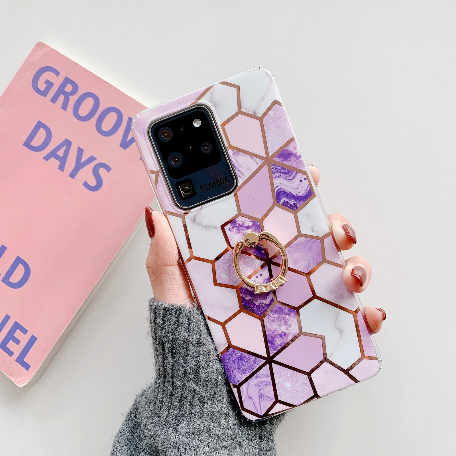 For Samsung Galaxy S21+ 5G Colorful Marble Pattern Protective Case with Ring Holder(TM09)