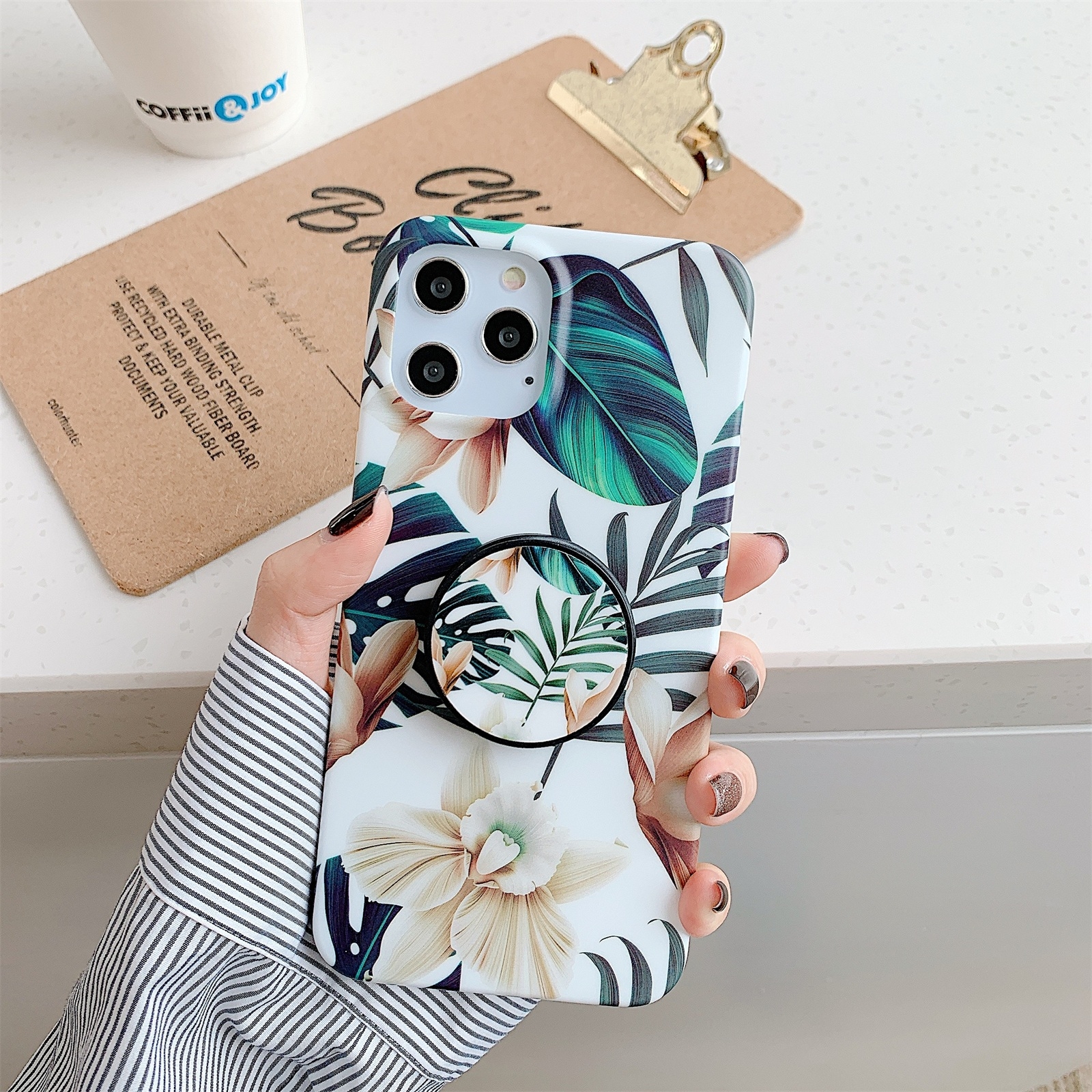 For iPhone 12 Pro Max Shockproof IMD TPU Protective Case with Folding Holder(Banana Leaves White Flower) For iPhone 12 Pro Max Shockproof IMD TPU Protective Case with Folding Holder(Banana Leaves White Flower)