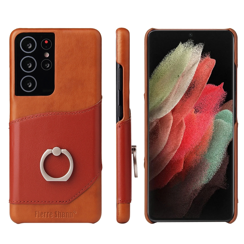For Samsung Galaxy S21+ 5G Fierre Shann Oil Wax Texture Genuine Leather Back Cover Case with 360 Degree Rotation Holder & Card Slot(Brown) For Samsung Galaxy S21+ 5G Fierre Shann Oil Wax Texture Genuine Leather Back Cover Case with 360 Degree Rotation Holder & Card Slot(Brown)