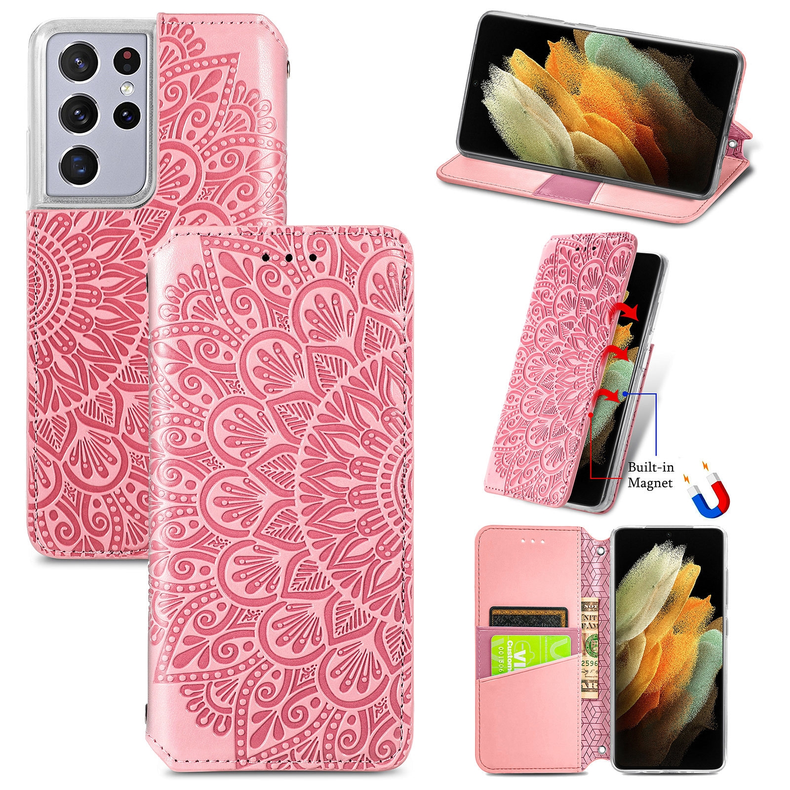 For Samsung Galaxy S21 Ultra 5G Blooming Mandala Embossed Pattern Magnetic Horizontal Flip Leather Case with Holder & Card Slots & Wallet(Pink) For Samsung Galaxy S21 Ultra 5G Blooming Mandala Embossed Pattern Magnetic Horizontal Flip Leather Case with Holder & Card Slots & Wallet(Pink)