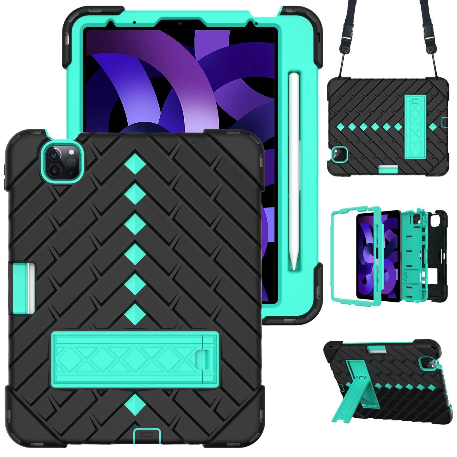 Shockproof Rhombus Robot PC + Silicone Protective Case with Holder & Shoulder Strap For iPad Air 2022 / 2020 10.9(Black+Mint Green) Shockproof Rhombus Robot PC + Silicone Protective Case with Holder & Shoulder Strap For iPad Air 2022 / 2020 10.9(Black+Mint Green)