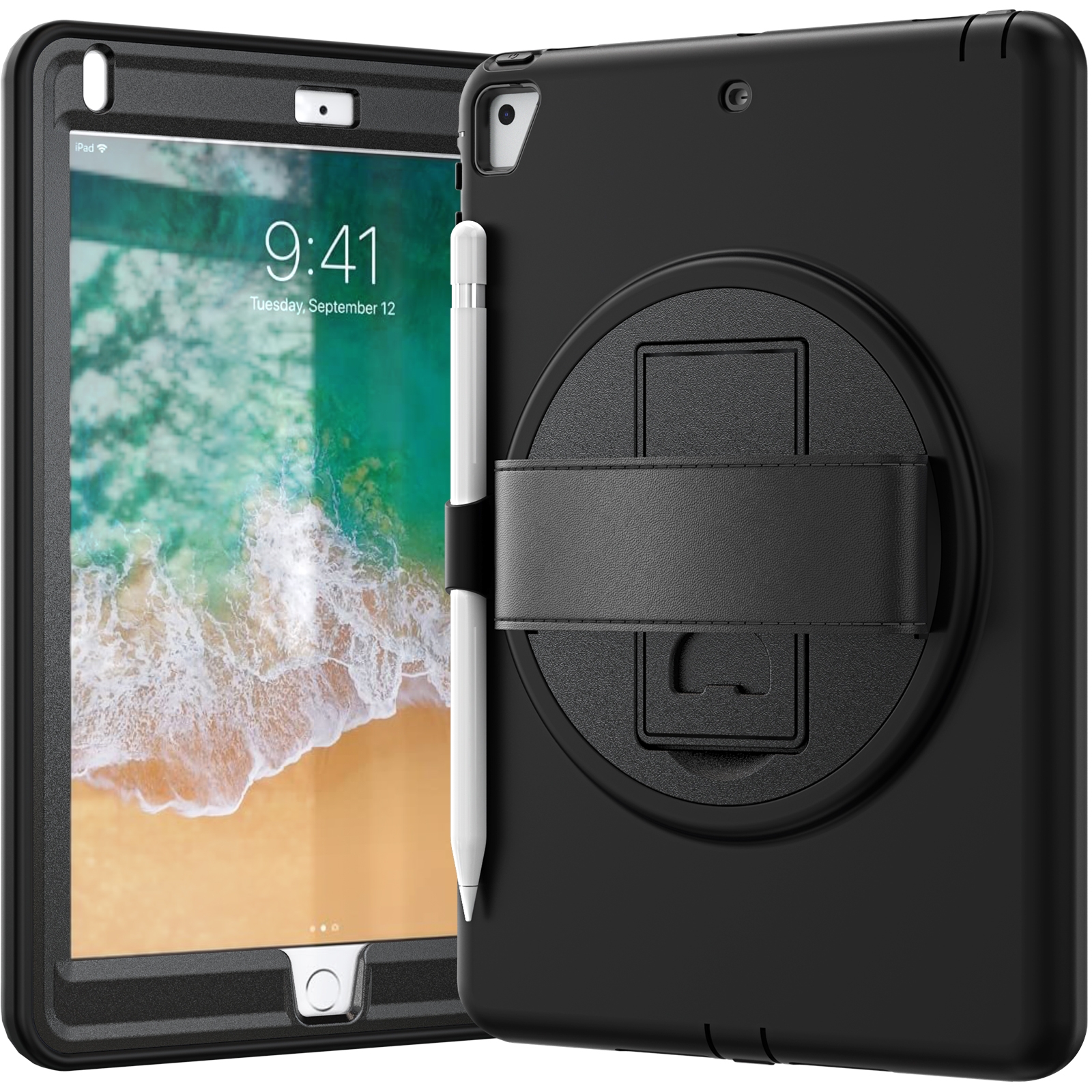 360 Degree Rotation PC+TPU Protective Cover with Holder & Hand Strap & Pen Slot For Apple iPad Air(Black)