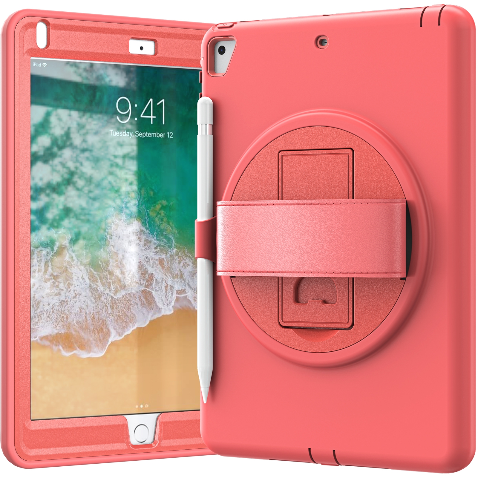 360 Degree Rotation PC+TPU Protective Cover with Holder & Hand Strap & Pen Slot For Apple iPad Air 2(Coral Orange)