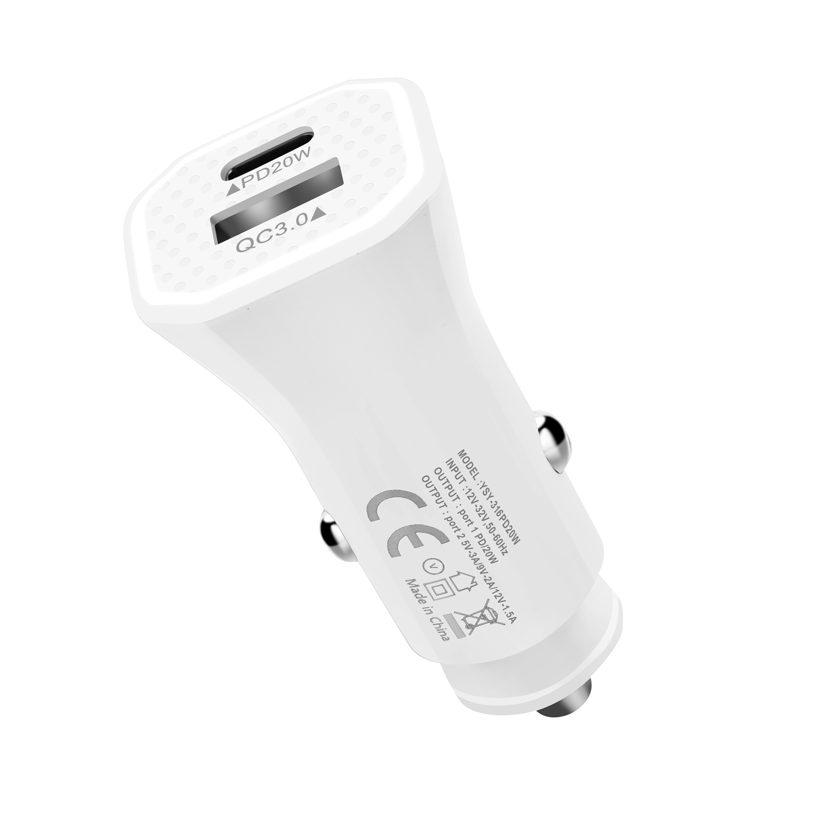 YSY-316PD20W QC3.0 USB + PD 20W USB-C / Type-C Polygon Dual Ports Fast Charging Car Charger(White) YSY-316PD20W QC3.0 USB + PD 20W USB-C / Type-C Polygon Dual Ports Fast Charging Car Charger(White)