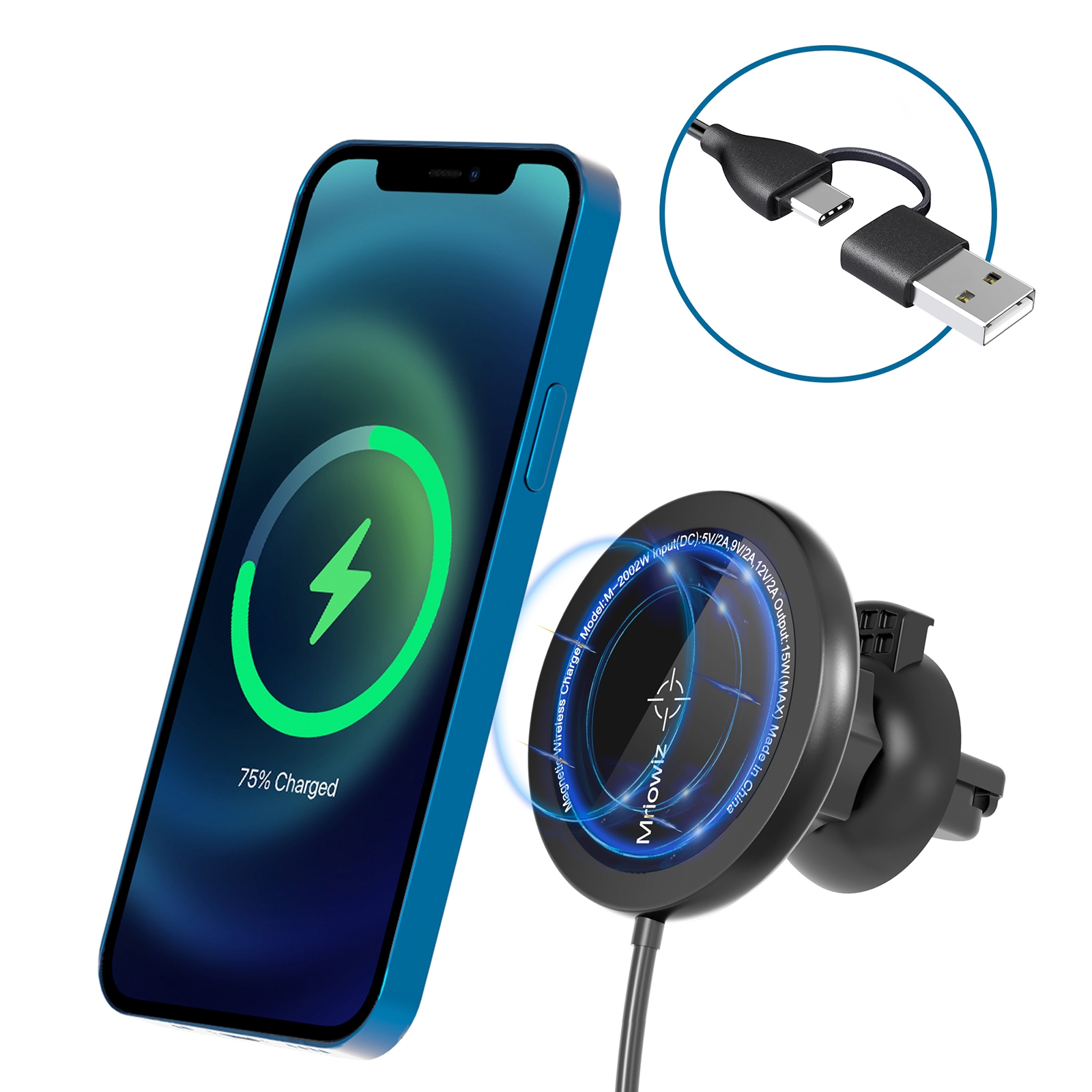 Mriowiz M-2002W 15W 360-degree Rotating MagSafe Magnetic Car Wireless Charger for iPhone 12 Series, with USB + USB-C / Type-C Data Cable, Cable Length: 1m Mriowiz M-2002W 15W 360-degree Rotating MagSafe Magnetic Car Wireless Charger for iPhone 12 Series, with USB + USB-C / Type-C Data Cable, Cable Length: 1m