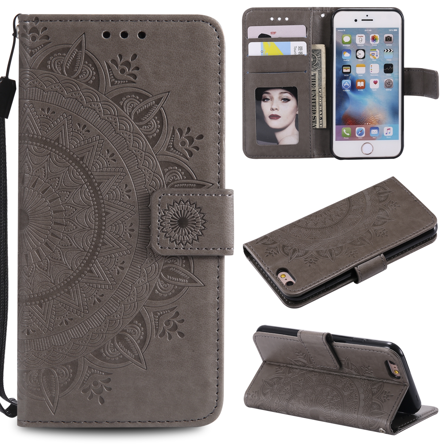 Totem Flower Embossed Horizontal Flip TPU + PU Leather Case with Holder & Card Slots & Wallet For iPhone 6(Grey) Totem Flower Embossed Horizontal Flip TPU + PU Leather Case with Holder & Card Slots & Wallet For iPhone 6(Grey)