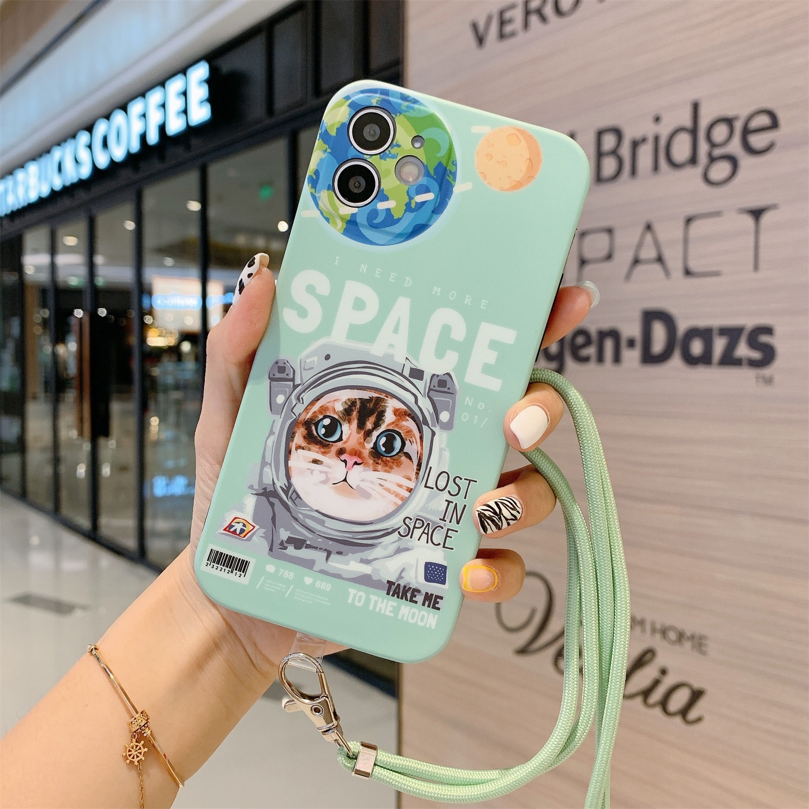 For iPhone 12 Space Cat Pattern IMD Shockproof Protective Case with Lanyard(Green) For iPhone 12 Space Cat Pattern IMD Shockproof Protective Case with Lanyard(Green)