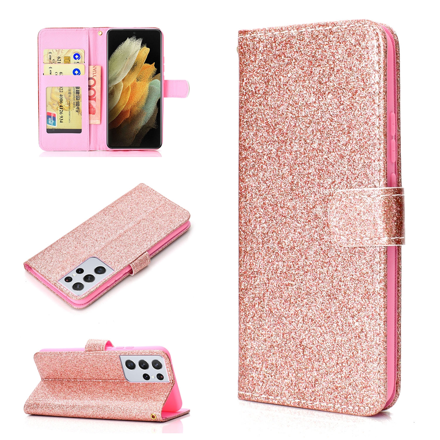 For Samsung Galaxy S21 Ultra 5G Glitter Powder Horizontal Flip Leather Case with Card Slots & Holder & Photo Frame & Wallet(Rose Gold) For Samsung Galaxy S21 Ultra 5G Glitter Powder Horizontal Flip Leather Case with Card Slots & Holder & Photo Frame & Wallet(Rose Gold)