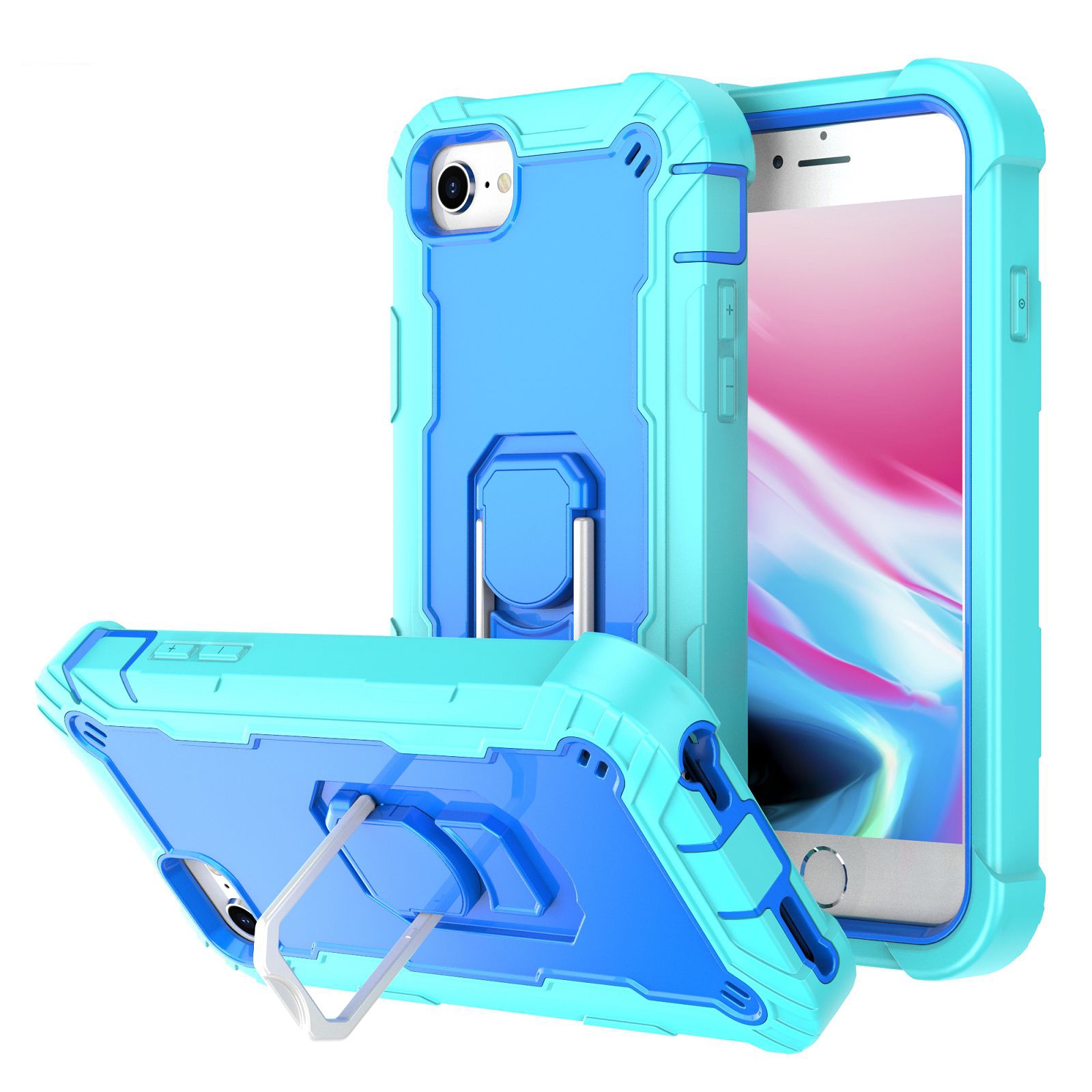 For iPhone SE 2022 / SE 2020 / 8 / 7 PC + Rubber 3-layers Shockproof Protective Case with Rotating Holder(Mint Green + Blue) For iPhone SE 2022 / SE 2020 / 8 / 7 PC + Rubber 3-layers Shockproof Protective Case with Rotating Holder(Mint Green + Blue)