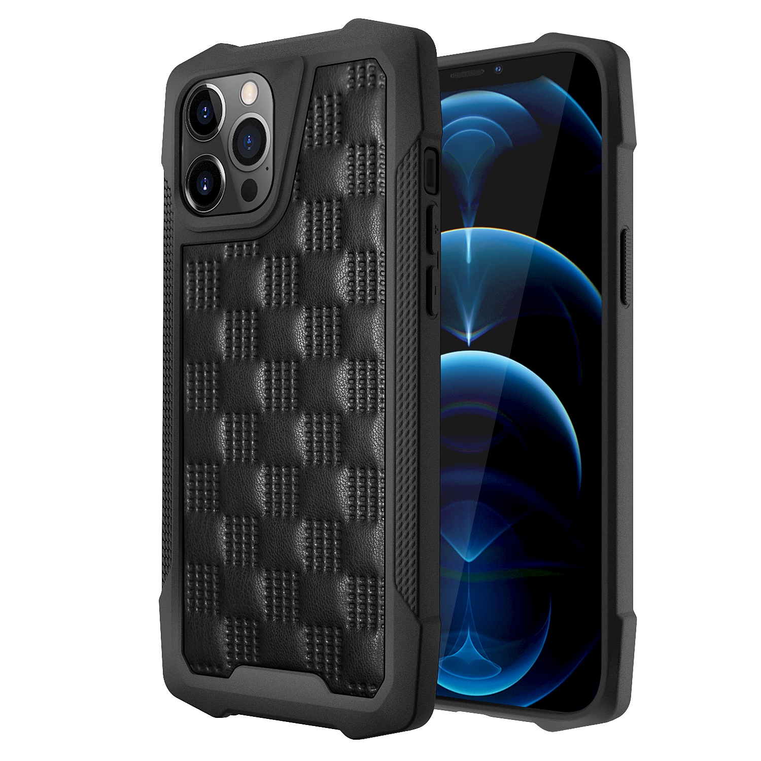 For iPhone 12 / 12 Pro 3D Embossed PU + PC + TPU Skidproof Shockproof Case(Black) For iPhone 12 / 12 Pro 3D Embossed PU + PC + TPU Skidproof Shockproof Case(Black)