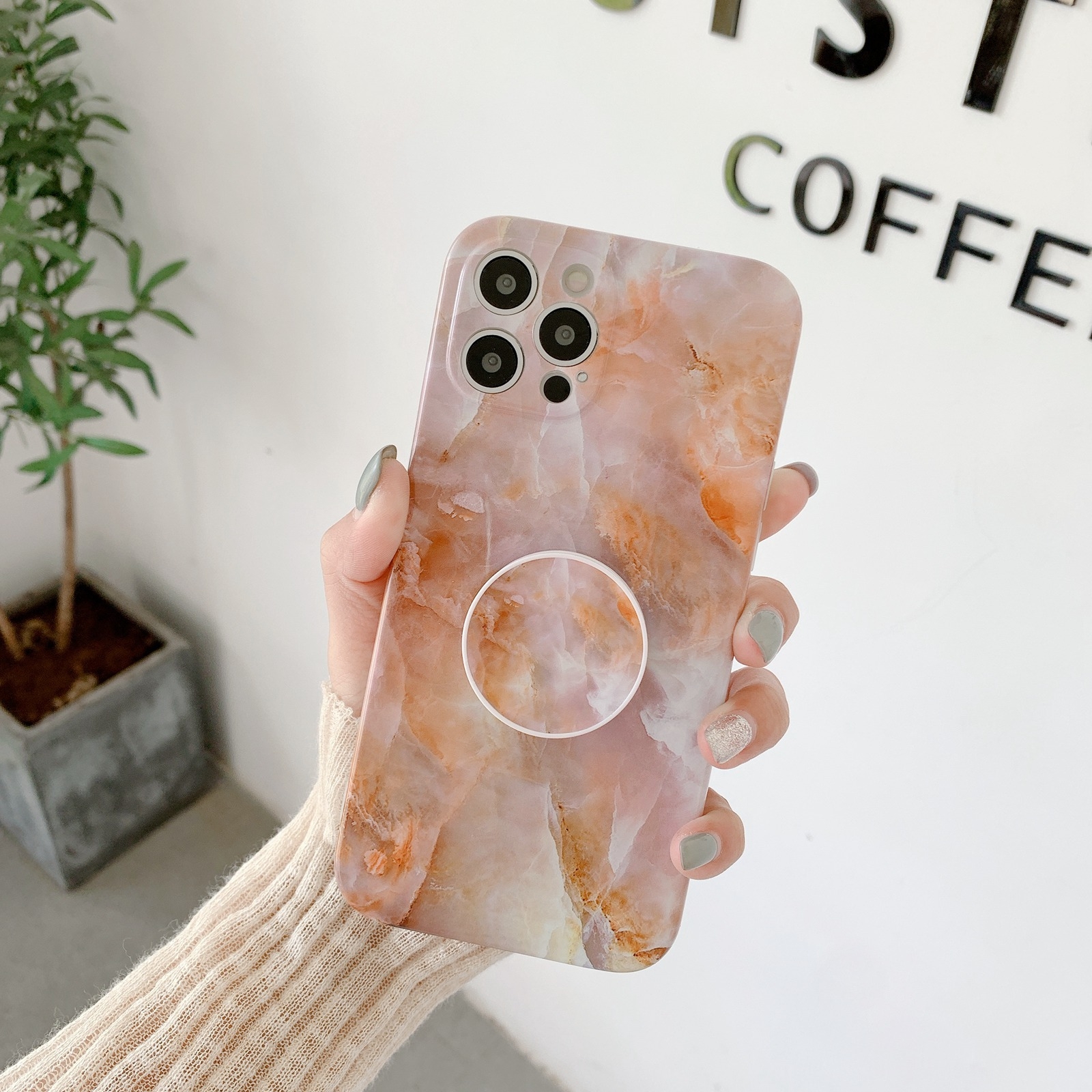 For iPhone 11 Agate Marble Pattern Protective Case With Holder (Orange) For iPhone 11 Agate Marble Pattern Protective Case With Holder (Orange)