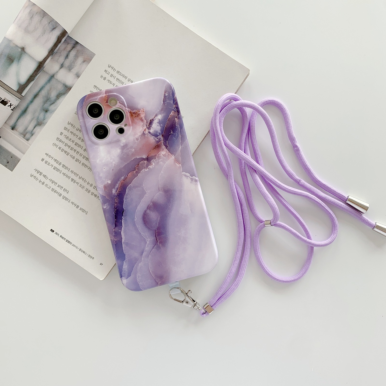 For iPhone 11 Agate Marble Pattern Protective Case With Lanyard (Purple) For iPhone 11 Agate Marble Pattern Protective Case With Lanyard (Purple)