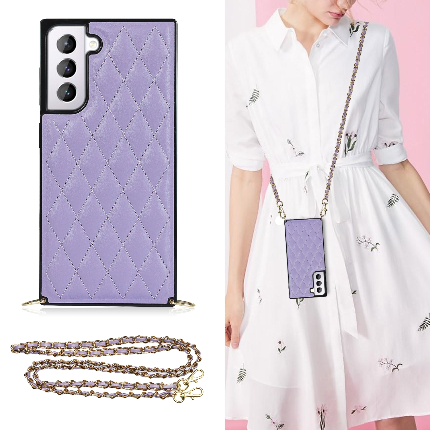 For Samsung Galaxy S21 5G Elegant Rhombic Pattern Microfiber Leather +TPU Shockproof Case with Crossbody Strap Chain(Purple) For Samsung Galaxy S21 5G Elegant Rhombic Pattern Microfiber Leather +TPU Shockproof Case with Crossbody Strap Chain(Purple)