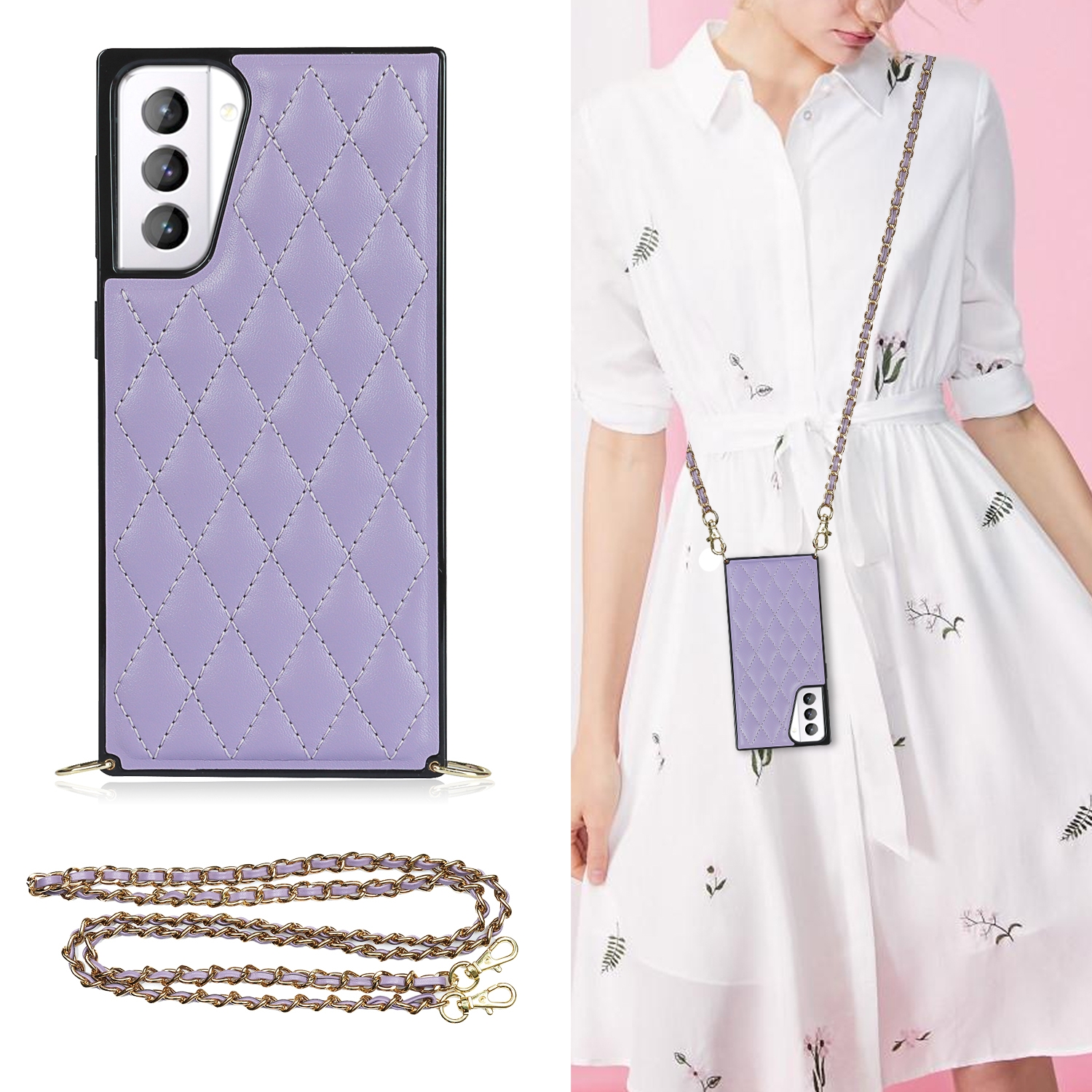 For Samsung Galaxy S21+ 5G Elegant Rhombic Pattern Microfiber Leather +TPU Shockproof Case with Crossbody Strap Chain(Purple) For Samsung Galaxy S21+ 5G Elegant Rhombic Pattern Microfiber Leather +TPU Shockproof Case with Crossbody Strap Chain(Purple)