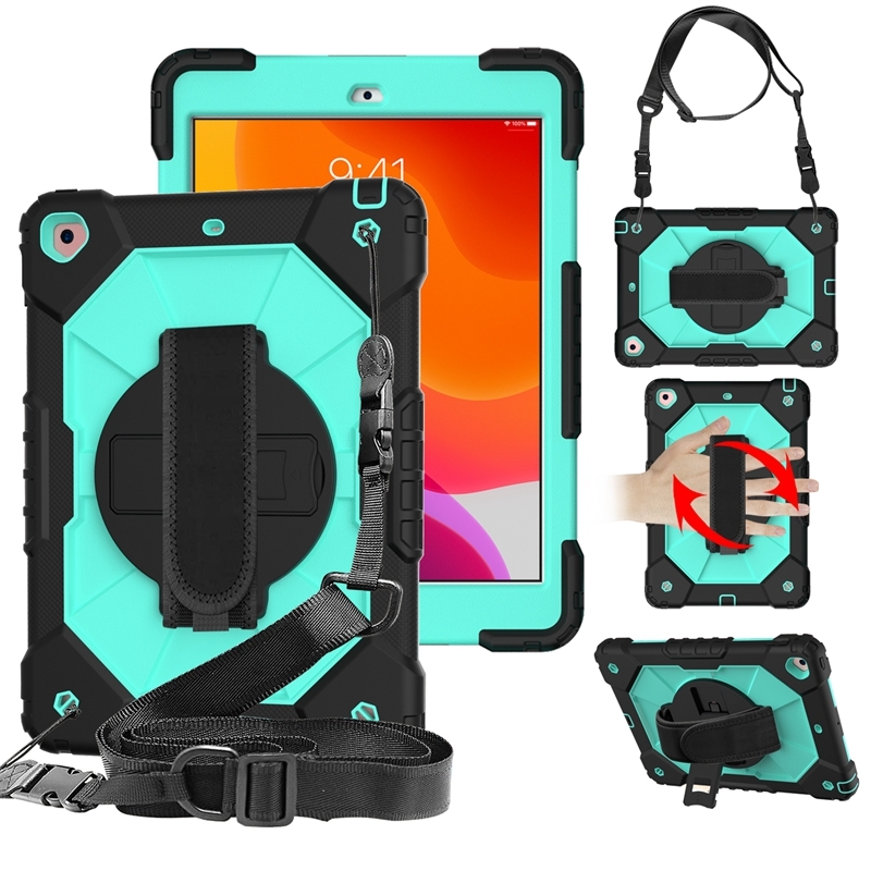 For iPad 10.2 2021 / 2020 / 2019 Contrast Color Robot Shockproof Silicon + PC Protective Case with Holder & Shoulder Strap(Black Mint) For iPad 10.2 2021 / 2020 / 2019 Contrast Color Robot Shockproof Silicon + PC Protective Case with Holder & Shoulder Strap(Black Mint)