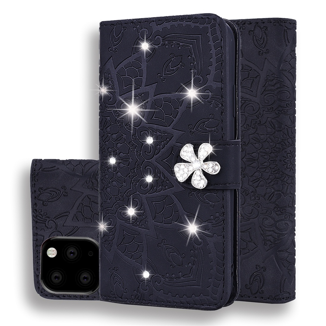 For iPhone 11 Calf Pattern Diamond Mandala Double Folding Design Embossed Leather Case with Wallet & Holder & Card Slots(Black) For iPhone 11 Calf Pattern Diamond Mandala Double Folding Design Embossed Leather Case with Wallet & Holder & Card Slots(Black)